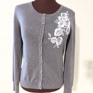 Esperanza Gray Cardigan Sweater With Side Embroidery Button Front Size M